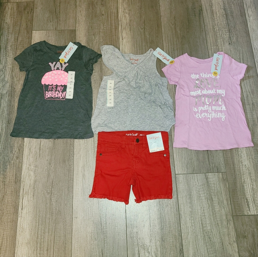 Cat & Jack Toddler Girls 4T Clothing Lot – 3 Tops + Shorts – NWT